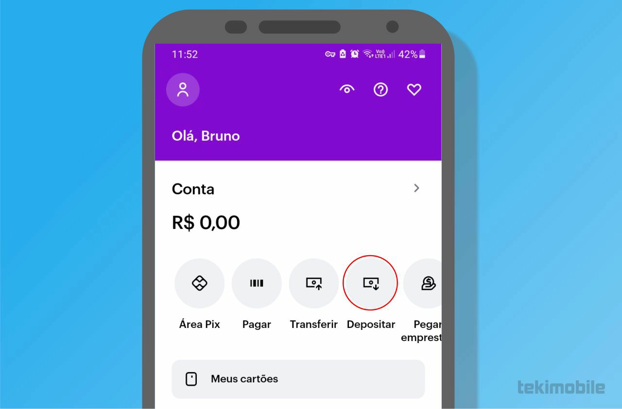 Abra seu aplicativo Nubank e toque sobre Depositar - Como depositar dinheiro no Nubank