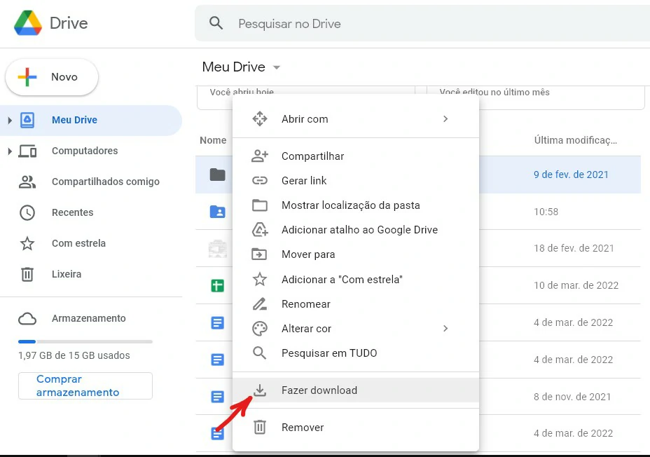 Após clicar com o botão direito na pasta, selecione Fazer download no menu - Como restaurar backup do Google Drive