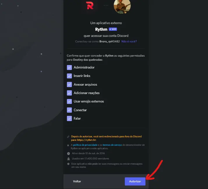 Clique em Autorizar para dar acesso de administrador para o bot em seu servidor Discord - Como colocar bot no Discord