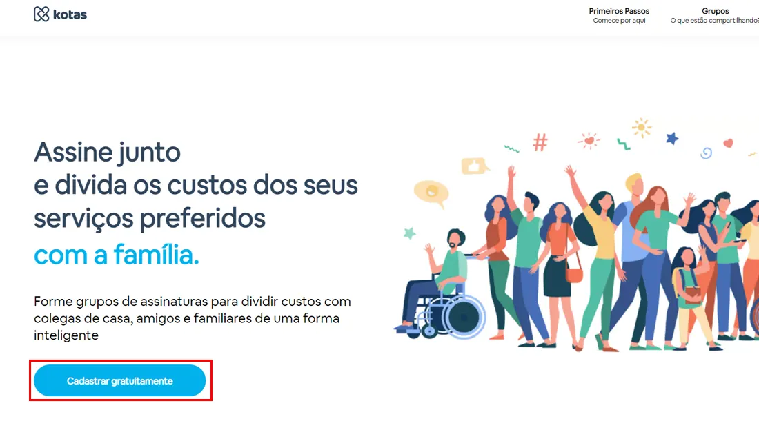 Clique em Cadastrar gratuitamente para fazer sua conta no Kotas