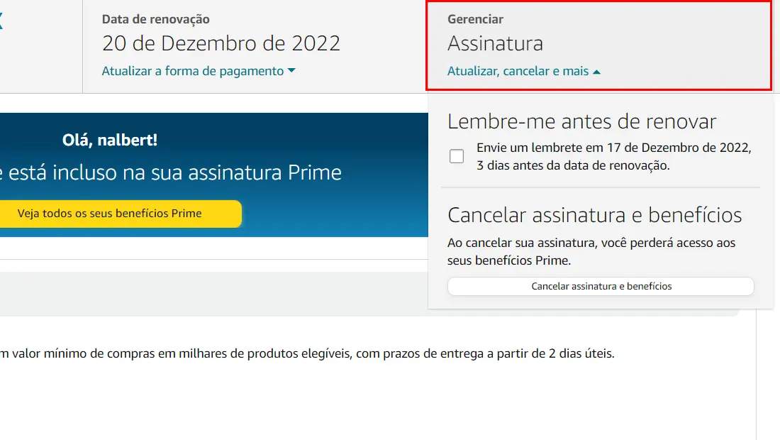 Clique em Gerenciar assinatura para aprender como cancelar o Prime Video pelo celular e PC