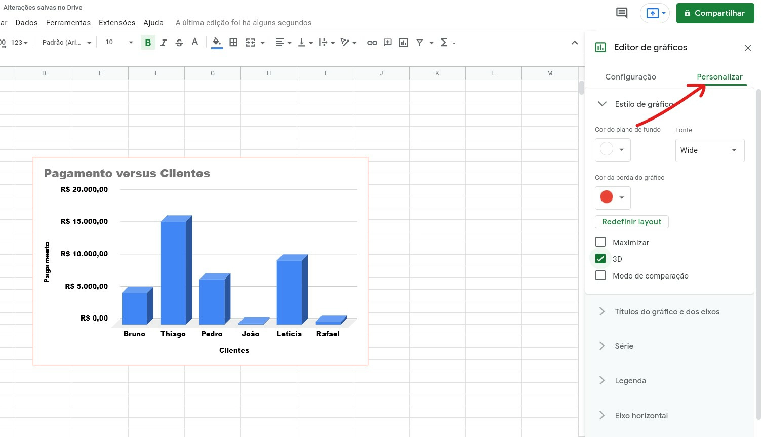 Clique em personalizar para realizar ainda mais edições no seu gráfico atual - Como fazer gráficos no Google Planilhas