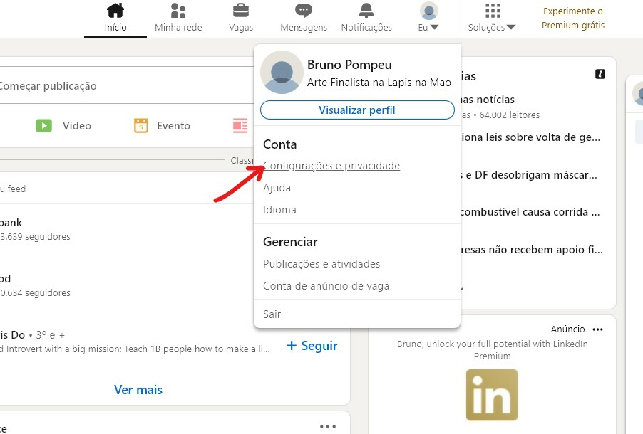 Clique na opção Configurações & privacidades - Como bloquear alguém no LinkedIn