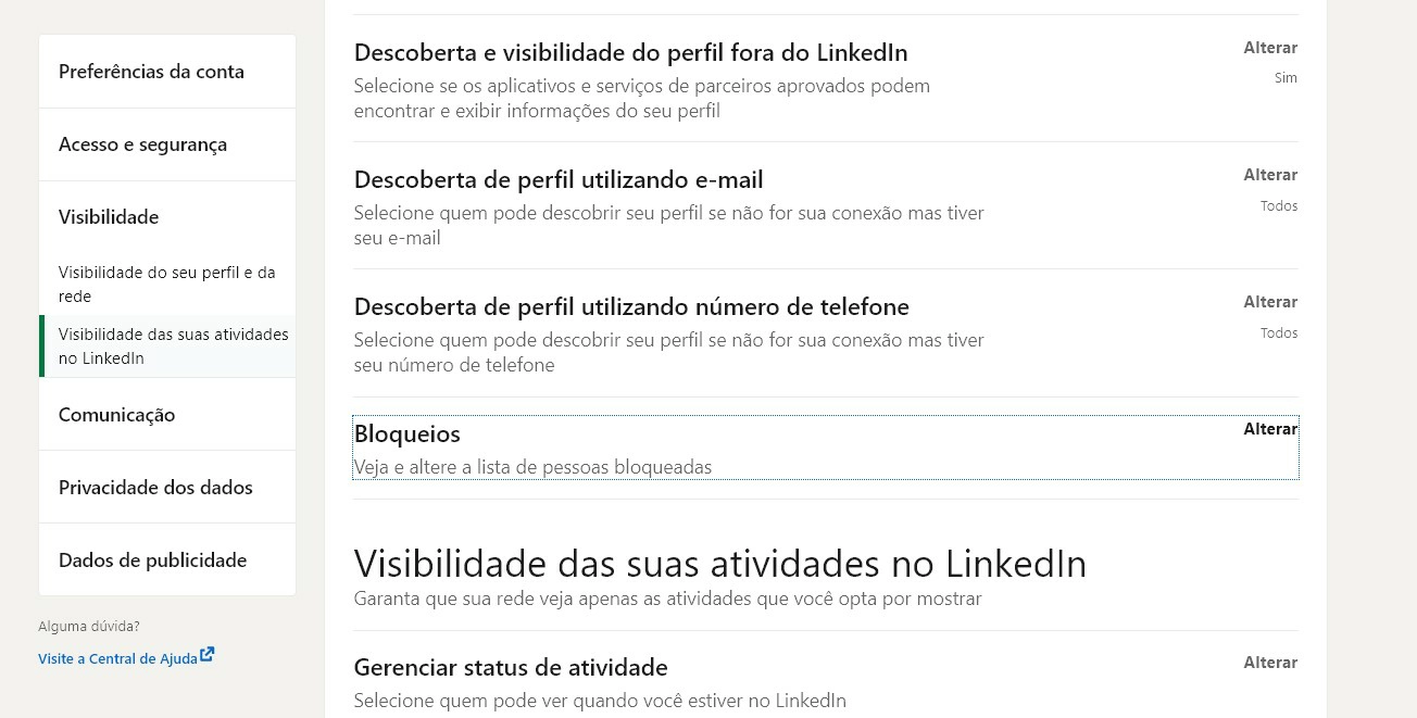 Clique na opção de Bloqueios - Como bloquear alguém no LinkedIn