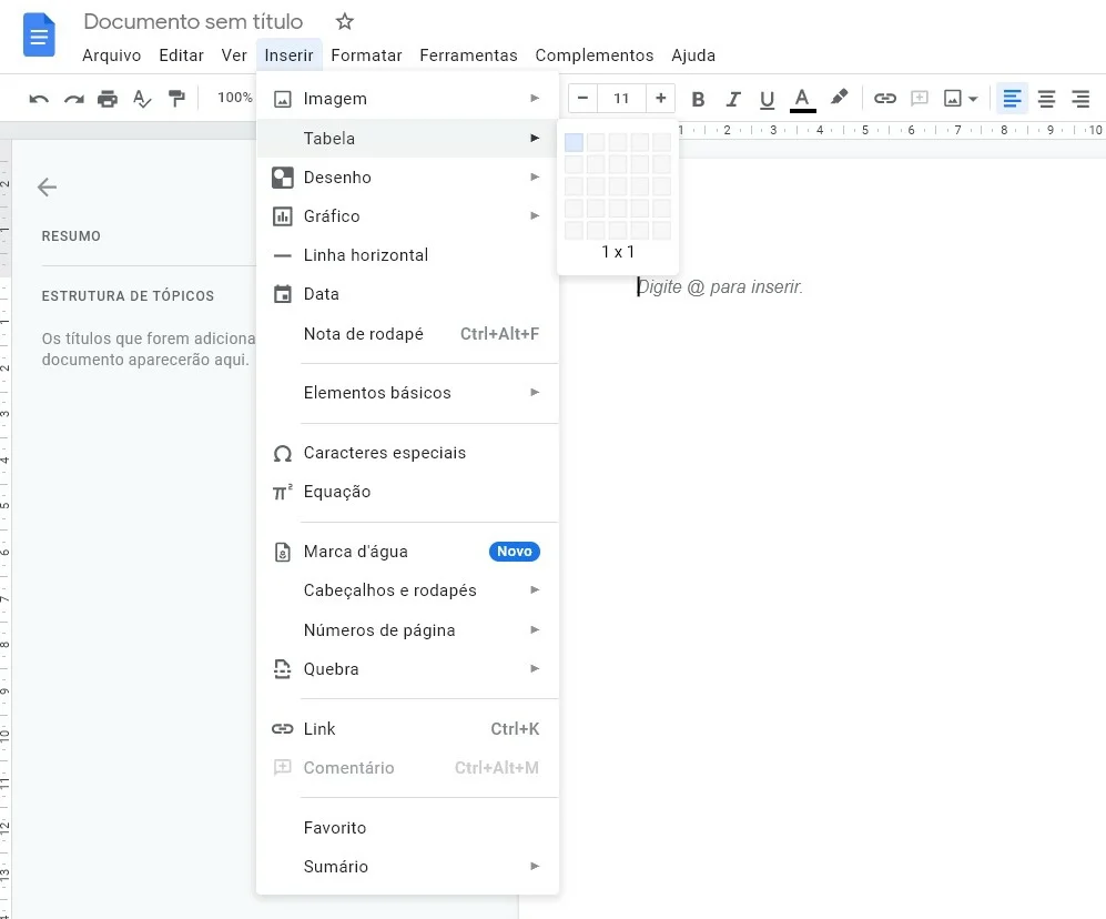 Clique sobre tabela - Como colocar borda no Google Docs