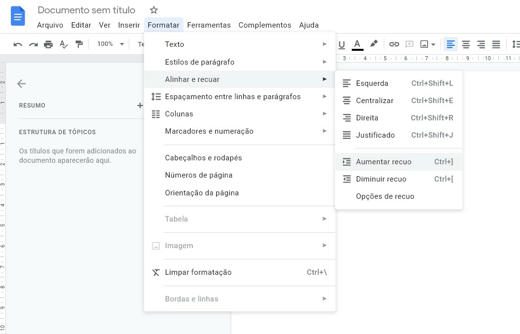 Coloque parágrafos usando a opção de recuo - Como colocar parágrafo no Google Docs