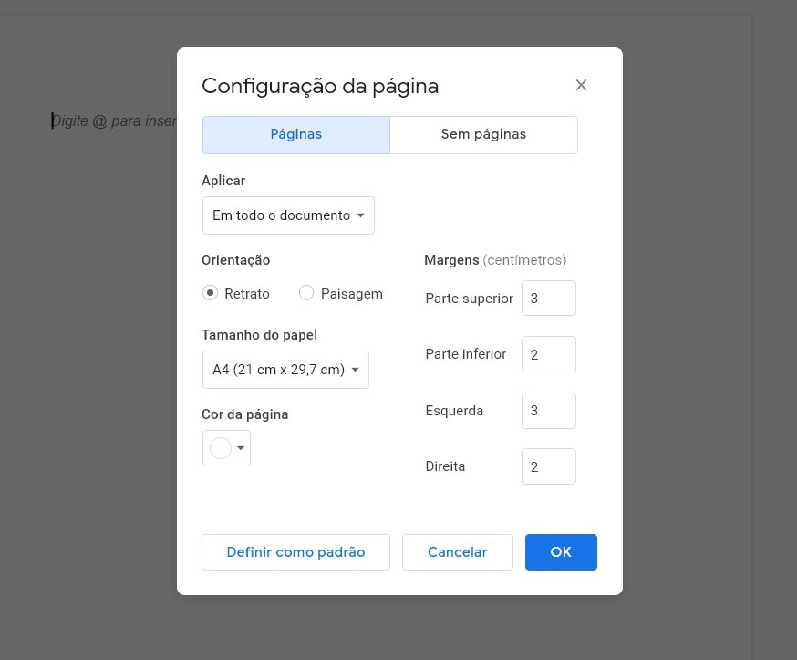 Configuração da página - Como colocar margem no Google Docs