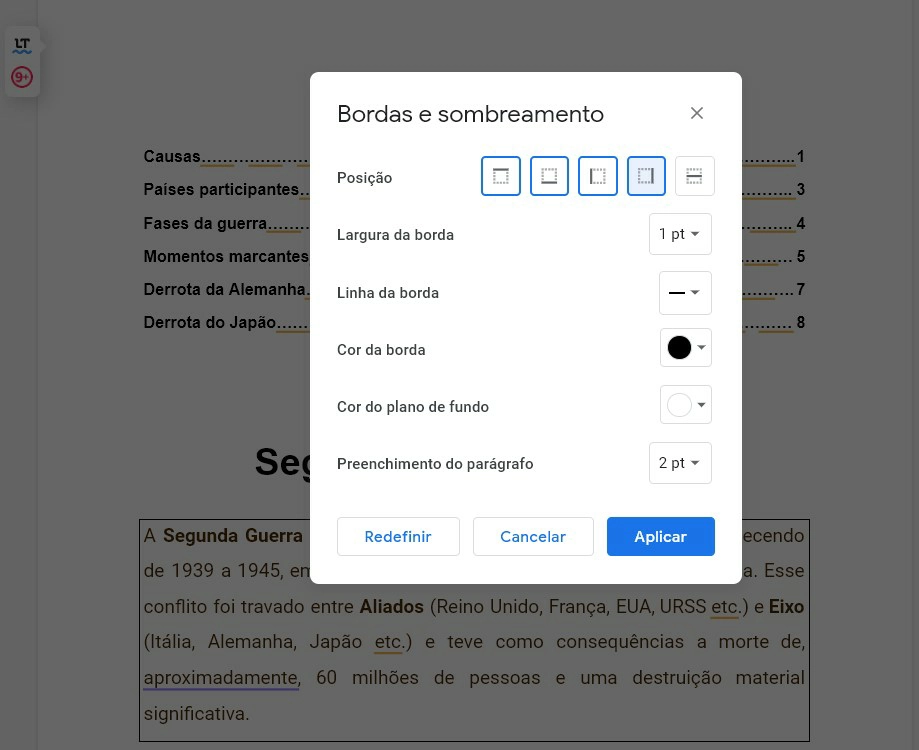 Configure a sua borda - Como colocar borda no Google Docs