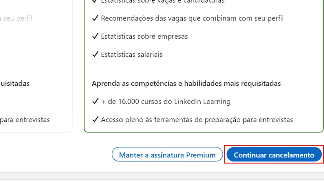 Confirme o cancelamento na próxima página