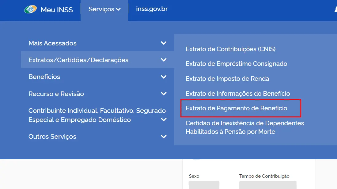 Depois vá em Extrato de Pagamento de Benefício