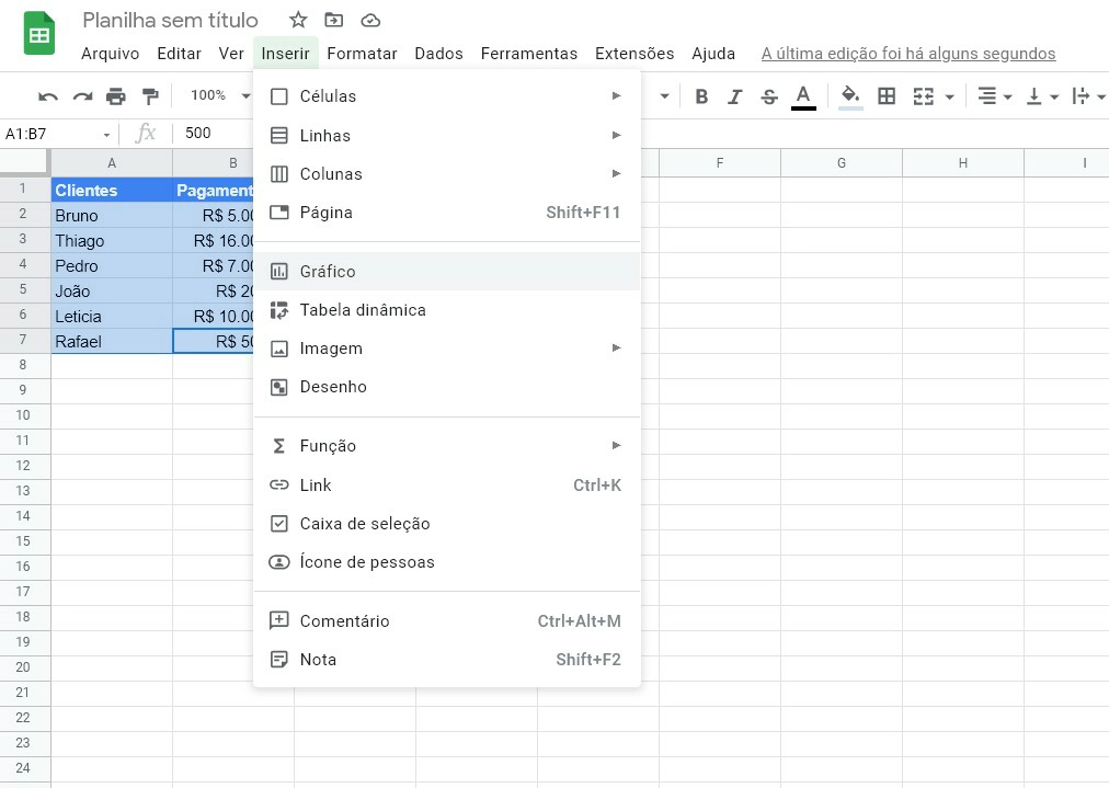 No menu flutuante de Inserir, selecione a opção de Gráfico - Como fazer gráficos no Google Planilhas