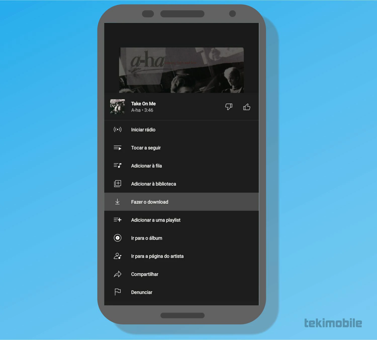 Selecione Fazer download no menu de mais opções para adicionar a música selecionada na gerenciador de downloads do YouTube Music - Como baixar música do YouTube