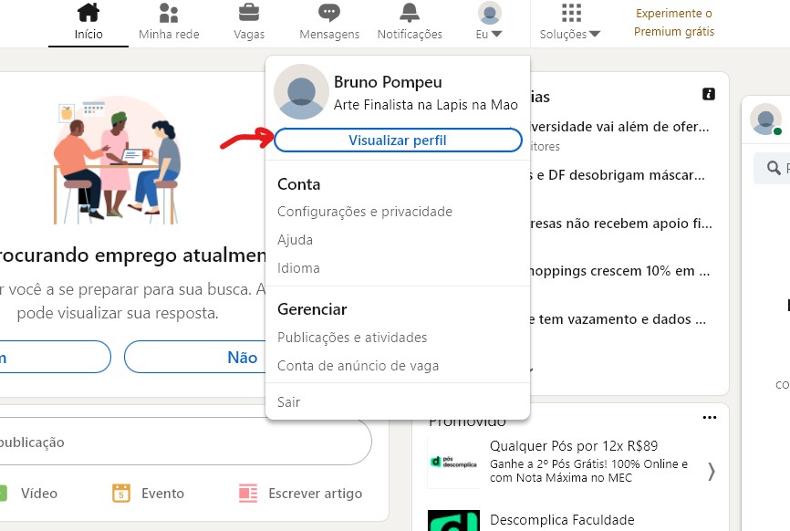 Selecione a opção Visualizar perfi - Como usar o Linkedin de maneira correta