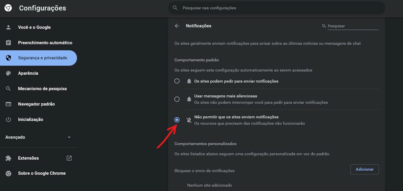 Selecione a opção padrão como Não permitir que os sites enviem notificações - Como bloquear notificações do Chrome