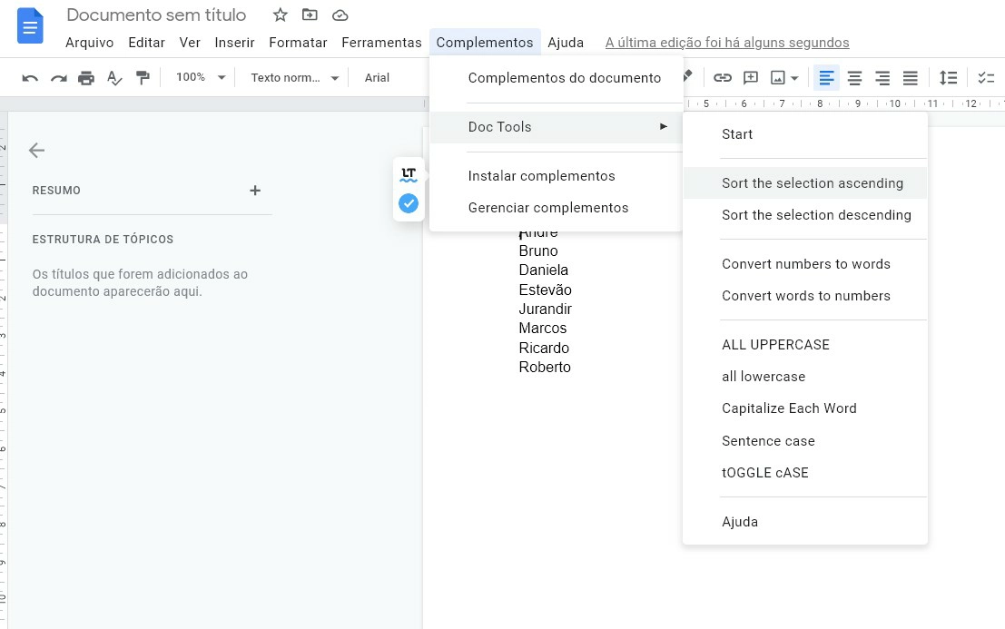 Selecione em ordem crescente ou decrescente - Como colocar em ordem alfabética no Google Docs