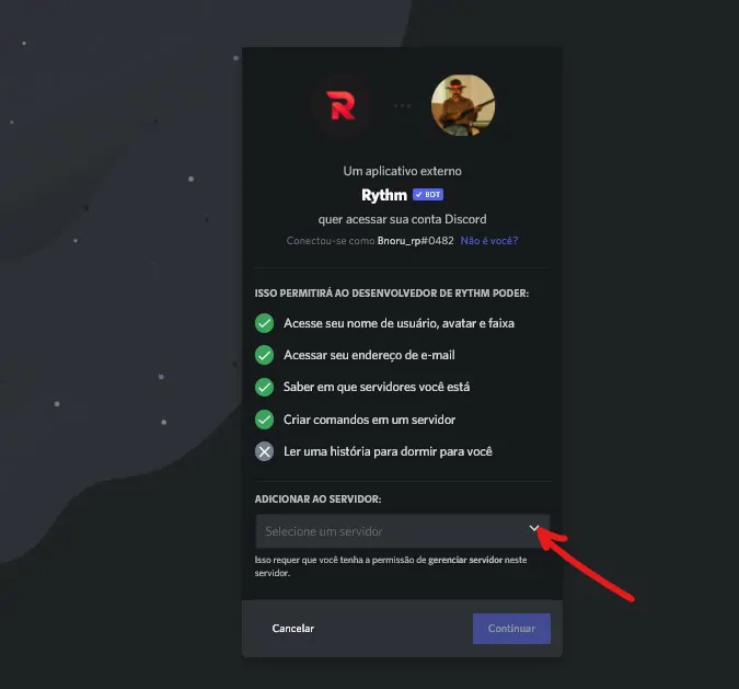 Selecione o servidor que gostaria de adicionar o bot e clique em Continuar - Como colocar bot no Discord