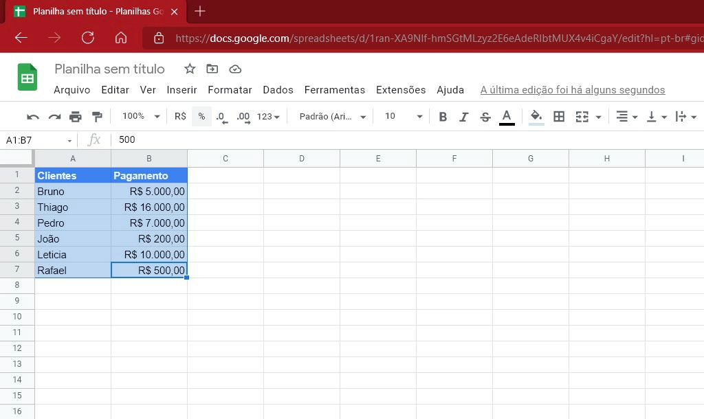 Selecione todos os dados do intervalo a qual deseja gerar um gráfico - Como fazer gráficos no Google Planilhas