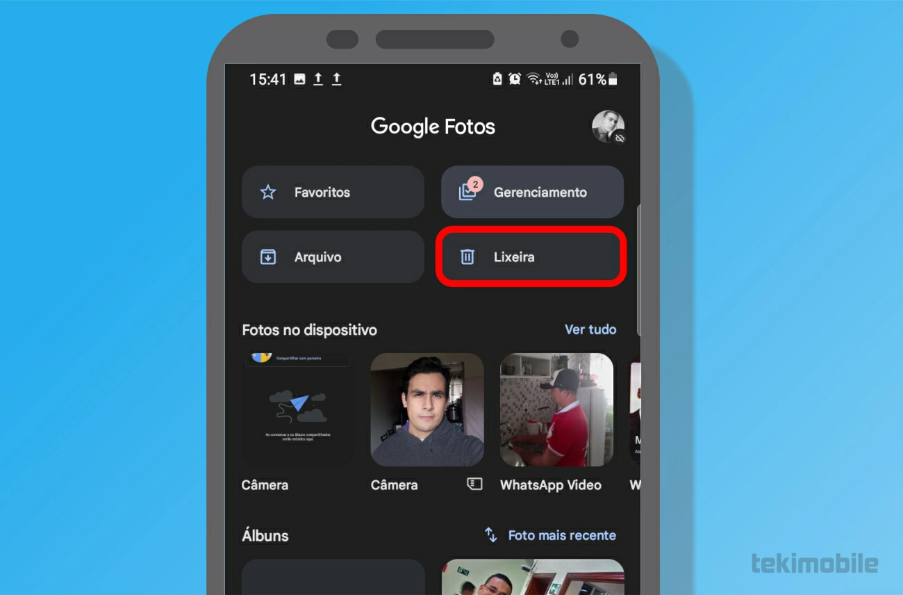 Toque em Lixeira - Como recuperar fotos do Google Fotos
