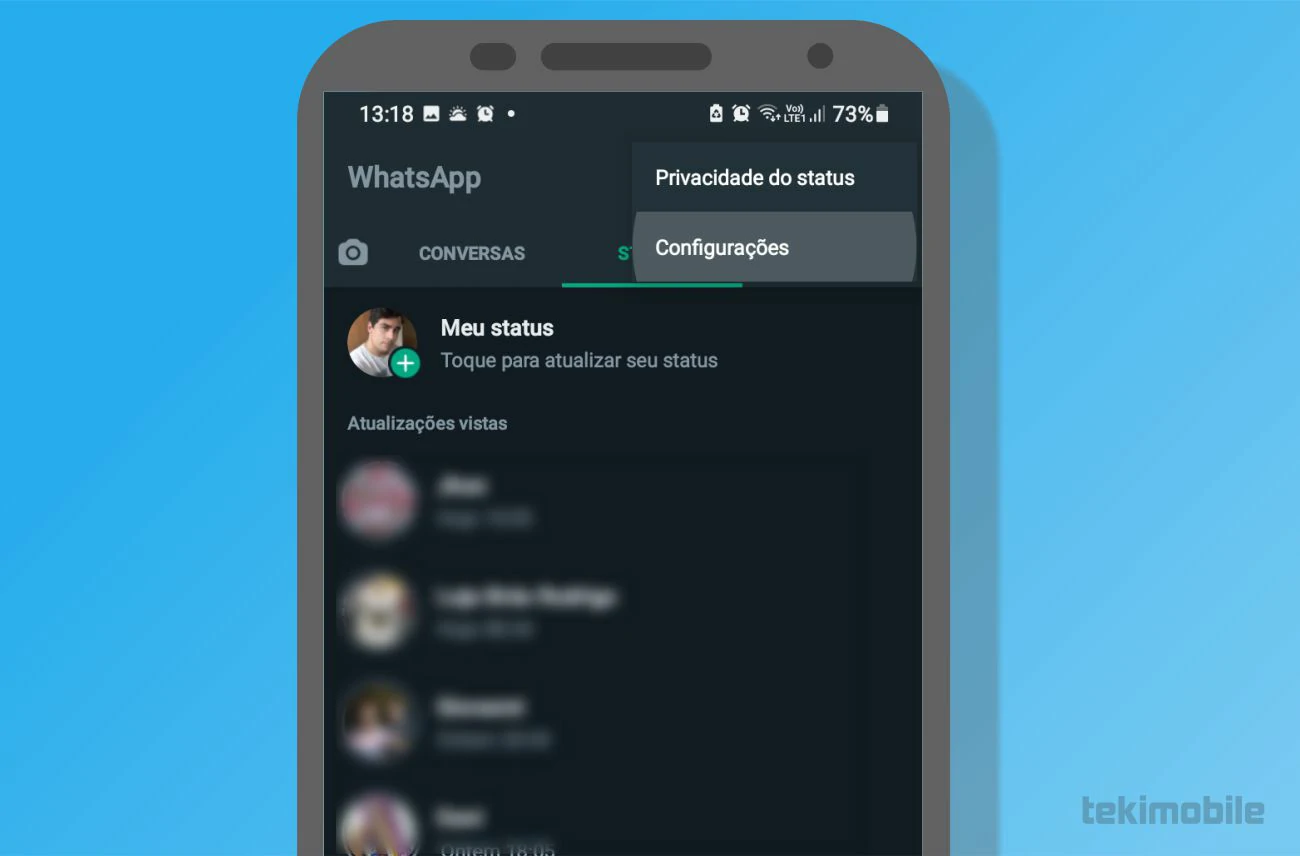 Toque em mais opções e selecione Configurações no menu suspenso do app - Como acessar backup do Whatsapp no Google Drive