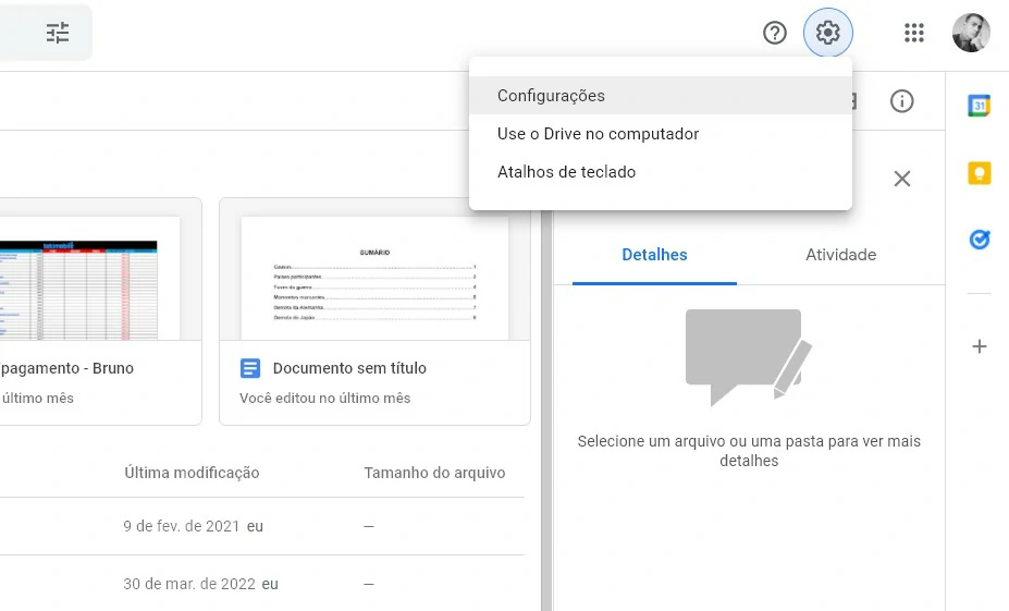 Toque na engrenagem e selecione a opção Configurações no menu suspenso do Google Drive - Como acessar backup do Whatsapp no Google Drive