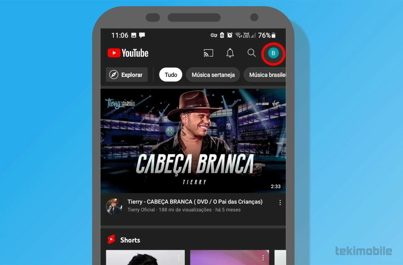 Toque no perfil localizado no canto superior a direita da tela inicial do app para criar seu canal - Como criar um canal no YouTube