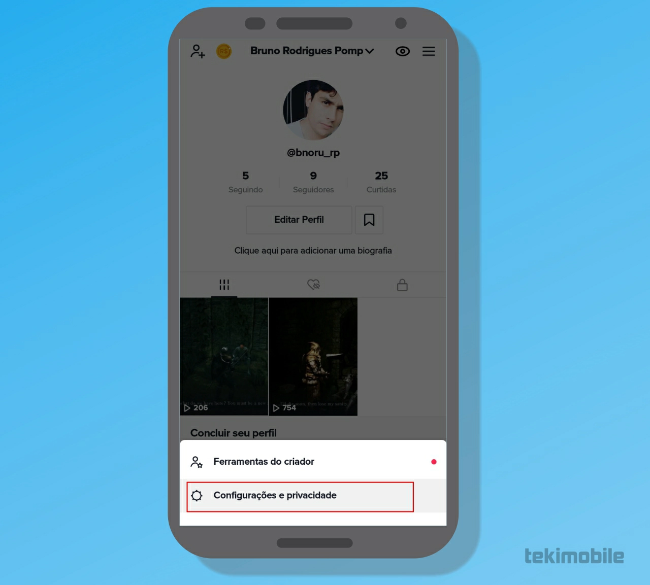 Toque sobre Configurações e privacidade - Como ativar o TikTok Pro