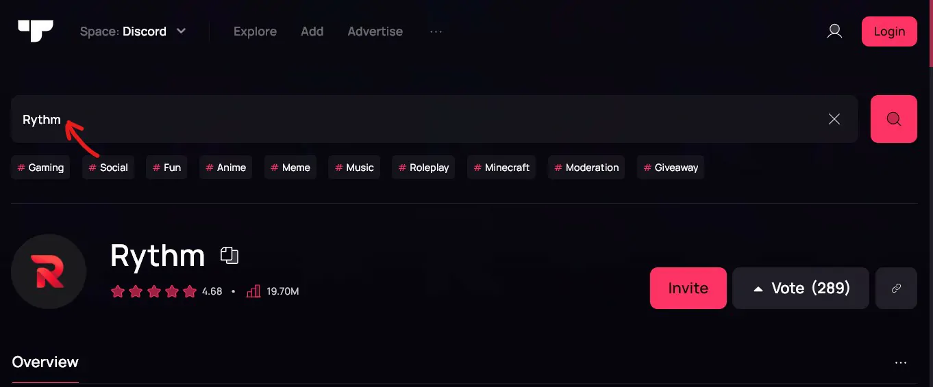 Utilize a barra de pesquisa para encontrar o bot desejado ou clique sobre as tags para navegar entre as categorias - Como colocar bot no Discord