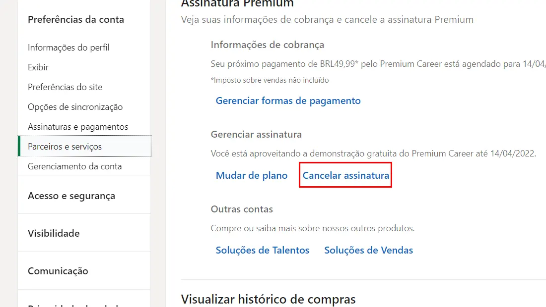 Vá em Cancelar Assinatura na nova página
