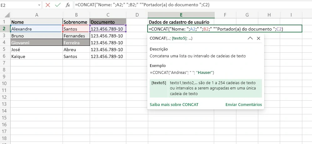 Adicione informações - Como usar a função Concatenar do Excel