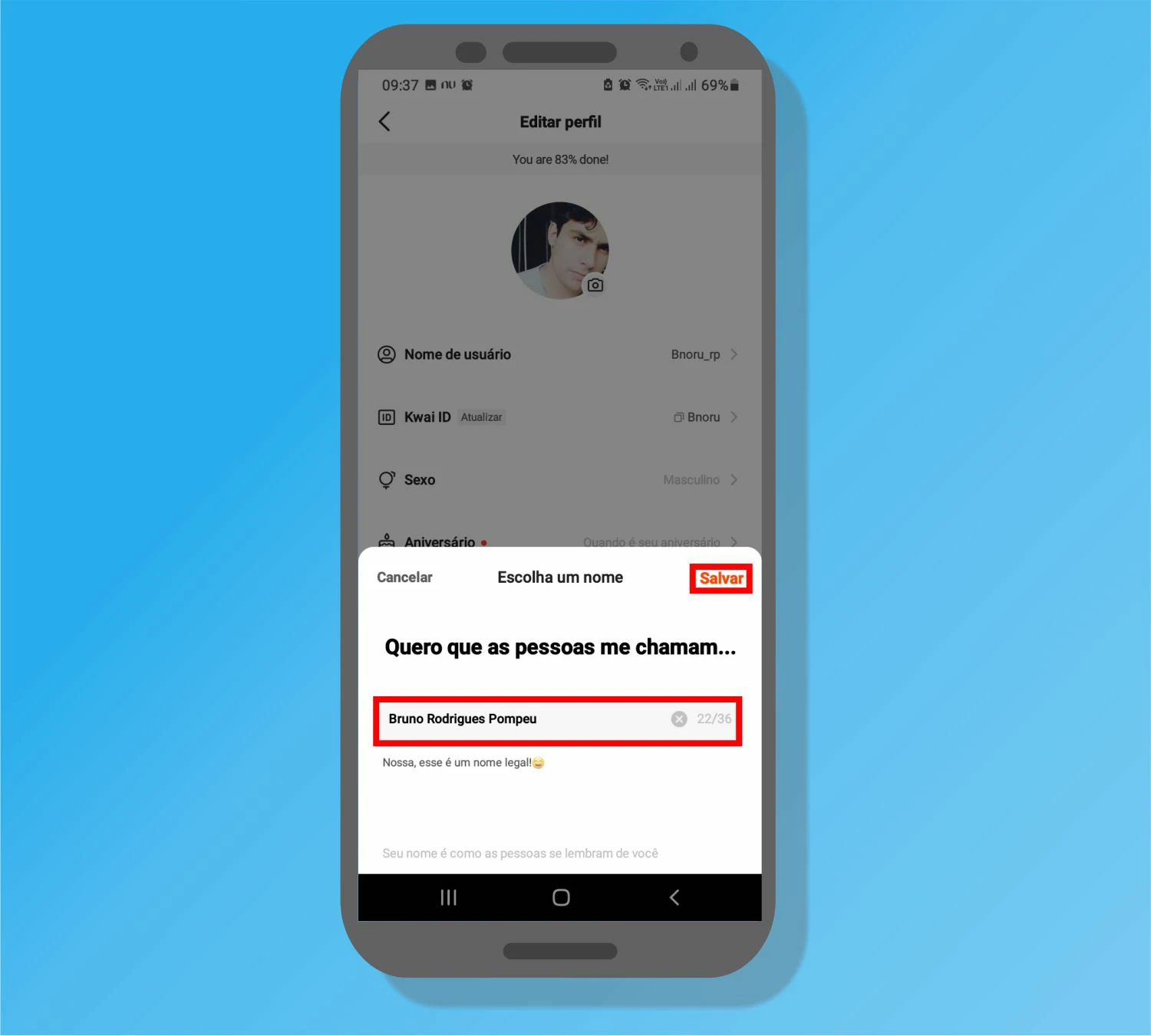 Altere o nome de usuário e toque em salvar - Como mudar ID do Kwai