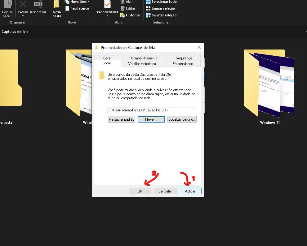 Clique em Aplicar - Como mudar pasta de prints do Windows