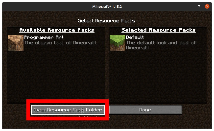 Clique em Open Resouce Pack Folder - Como colocar textura no Minecraft
