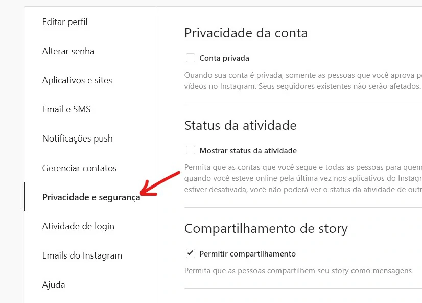 Clique em Privacidade e segurança - Como salvar conversas do Instagram