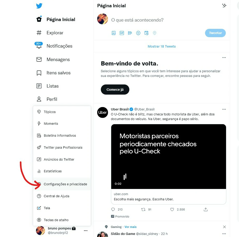 Clique em configurações de privacidade - Como deixar o Twitter preto
