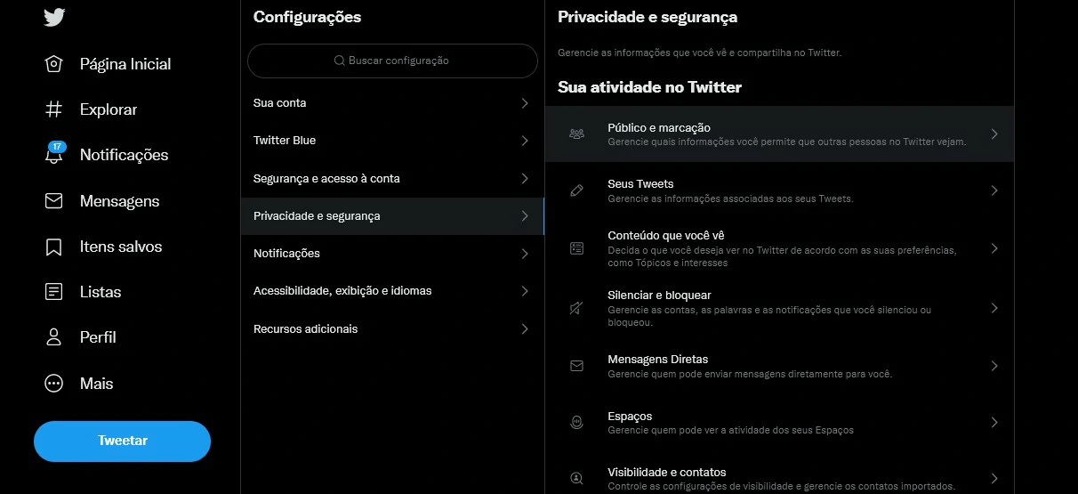 Clique sobre a opção Público e marcação - Como privar o Twitter