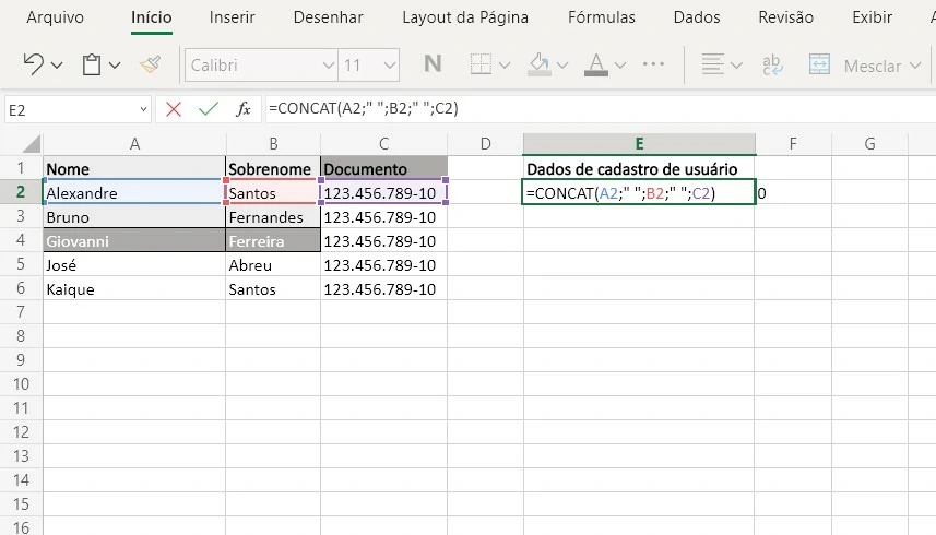 Espaço entre células - Como usar a função Concatenar do Excel