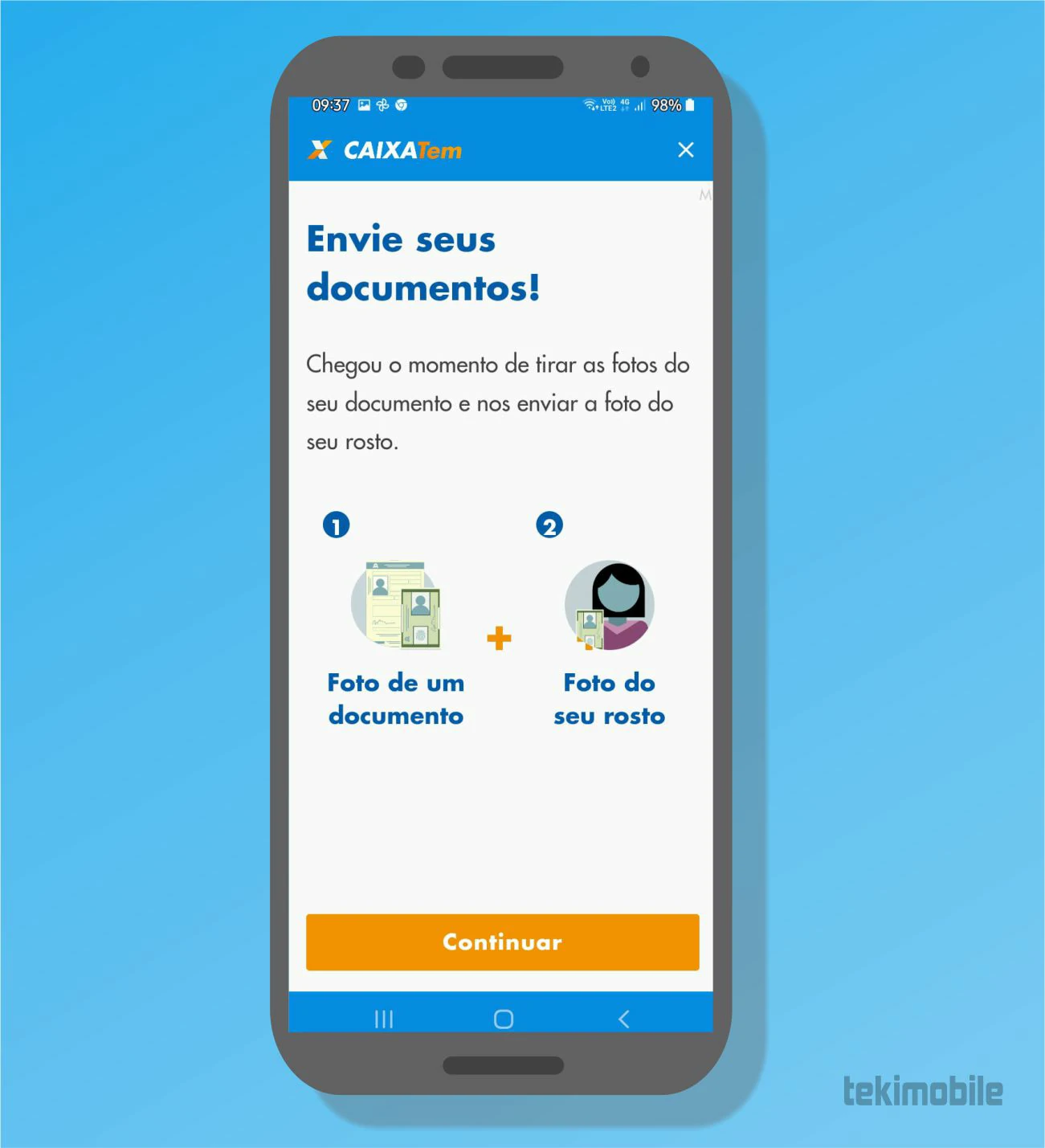 Pegue seu documento e toque em Continuar - Como atualizar cadastro do Caixa Tem