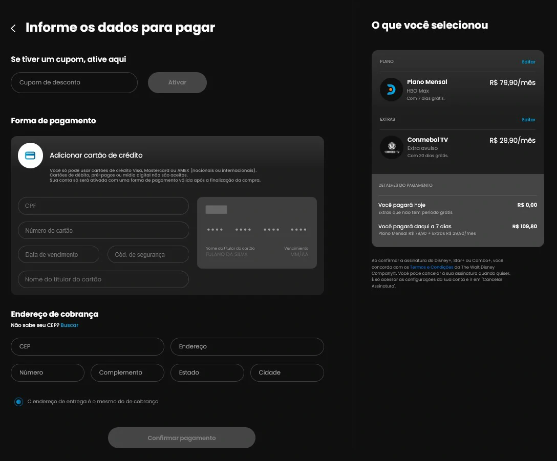 Preencha os dados do seu cartão - Como assinar a conmebol tv no celular e PC