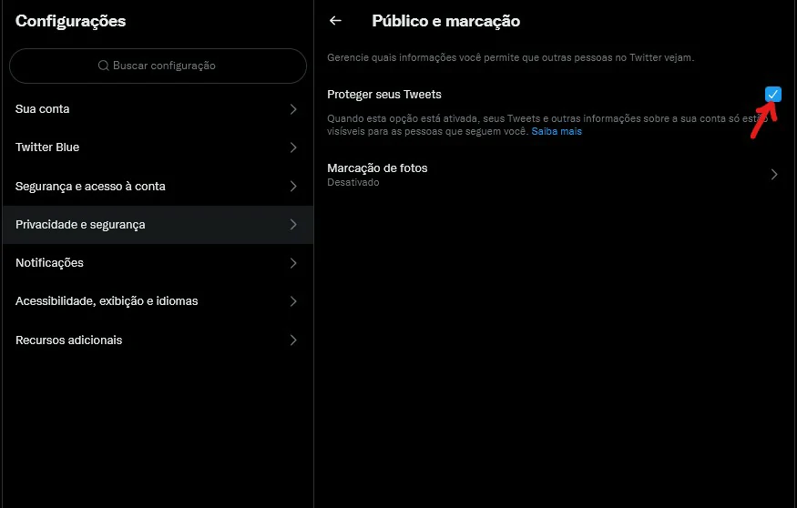 Selecione a caixinha ao lado de Proteger seus Tweets para deixar sua conta privada - Como privar o Twitter