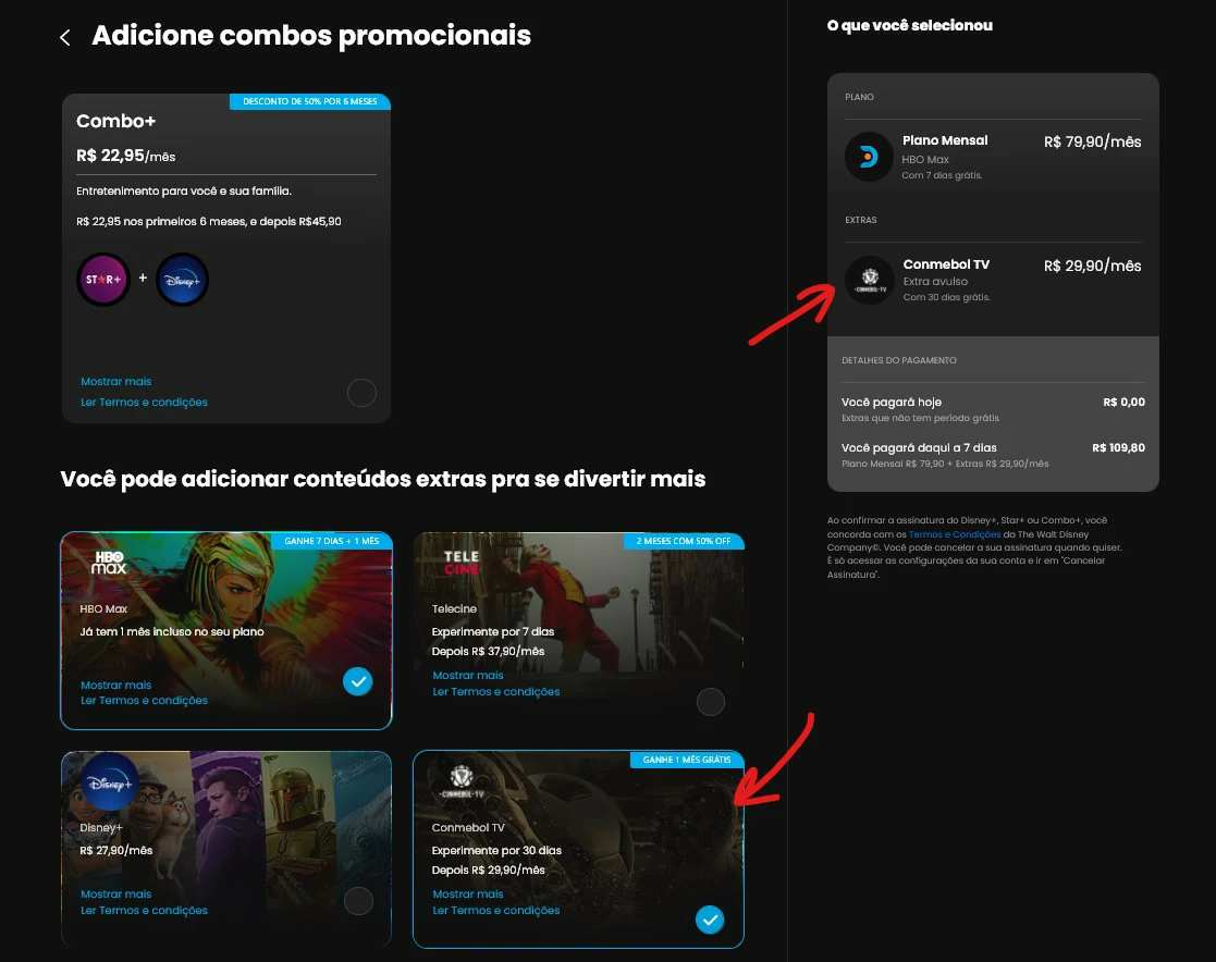 Selecione a opção da conmebol durante a seleção do plano e desça até Continuar - Como assinar a conmebol tv no celular e PC
