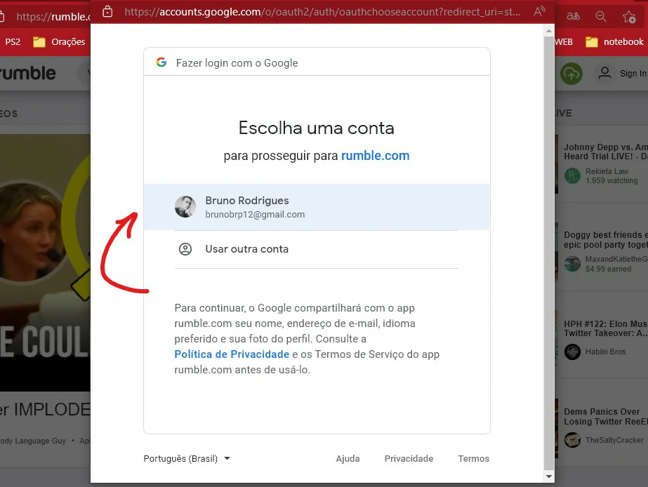 Selecione a sua conta - Como ganhar dinheiro com o Rumble