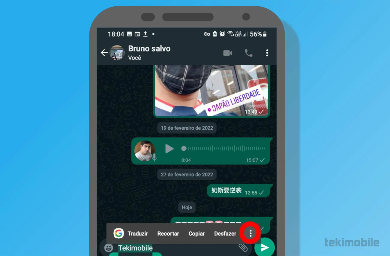 Selecione todo o texto e toque sobre os pontos - Como deixar a letra do WhatsApp colorida