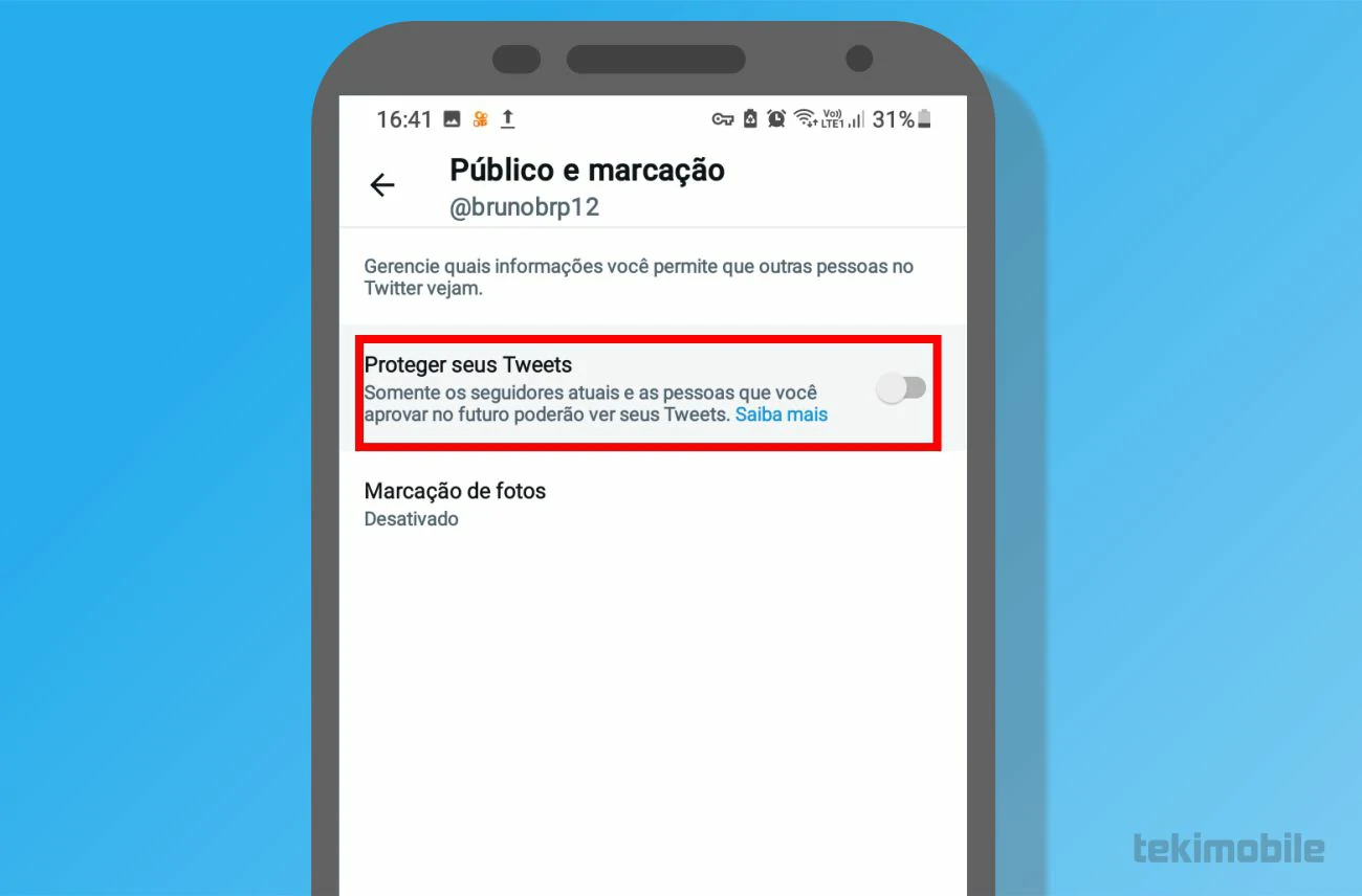 Toque sobre o interruptor para ativar sua privacidade na rede social - Como privar o Twitter