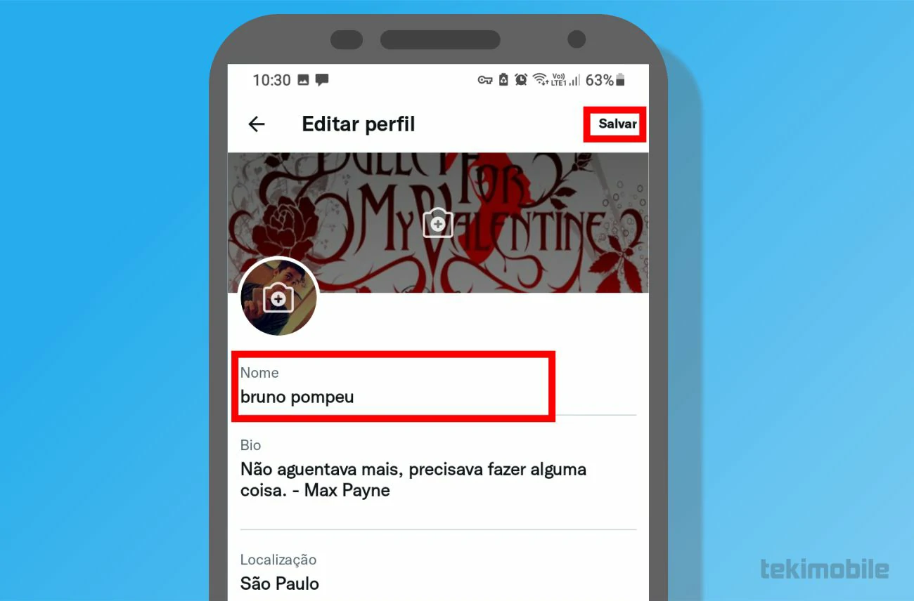 Toque sobre seu nome e toque em Salvar em seguida - Como mudar o nome no Twitter