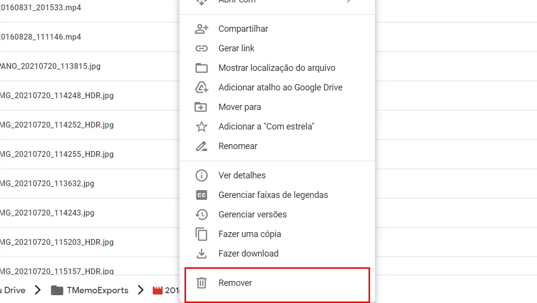 Vá em Remover para apagar o arquivo