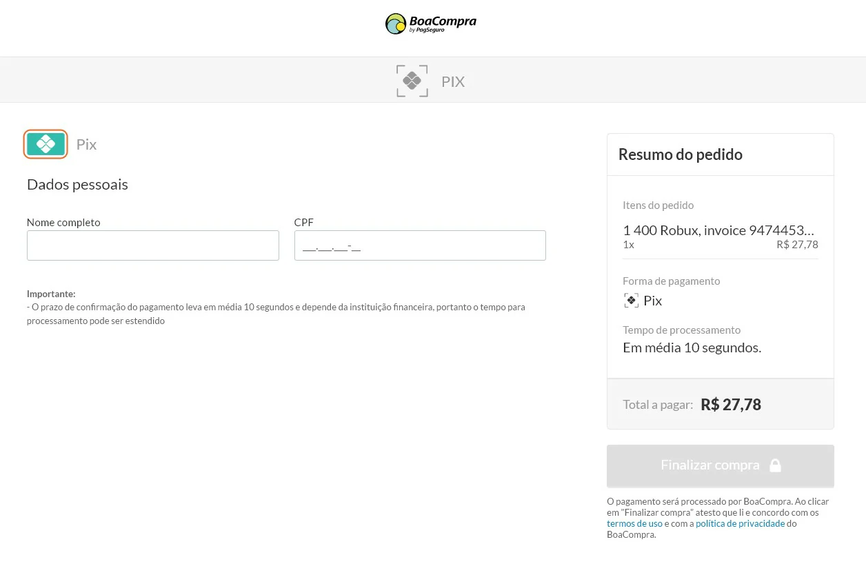 Adicione suas informações pessoais - Como comprar Robux no Roblox.