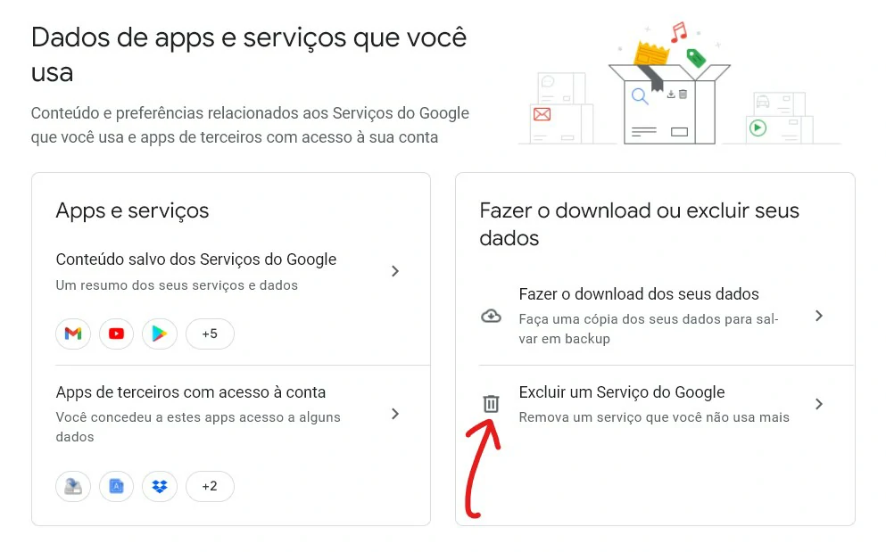 Clique em Excluir um serviço - Como excluir conta no Google Pay