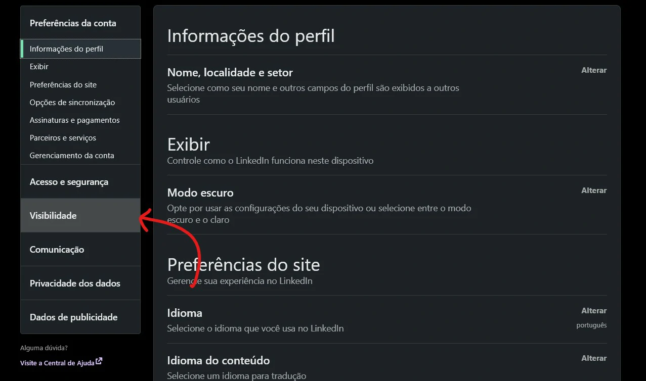 Clique em Visibilidade - Como compartilhar link do perfil do Linkedin