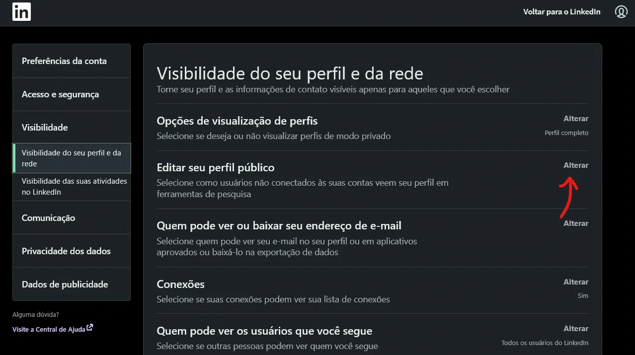 Clique em alterar - Como compartilhar link do perfil do Linkedin