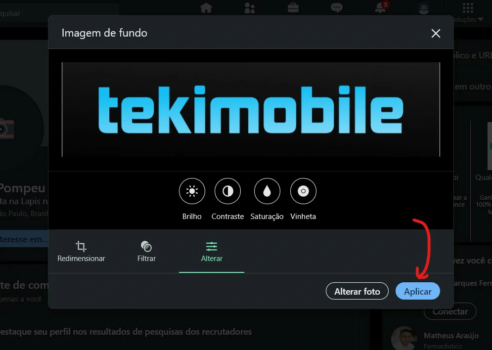 Clique em aplicar - Capa para Linkedin como fazer, mudar e o que colocar
